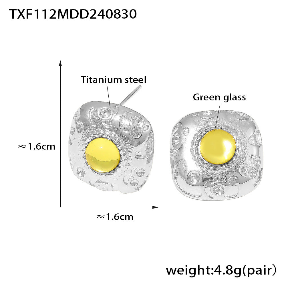 B廠-法式復古方形螺紋綠玻璃耳環宮廷風開口戒指套裝鈦鋼PVD鍍18K真金「TXA112-TXF112」24.09-1