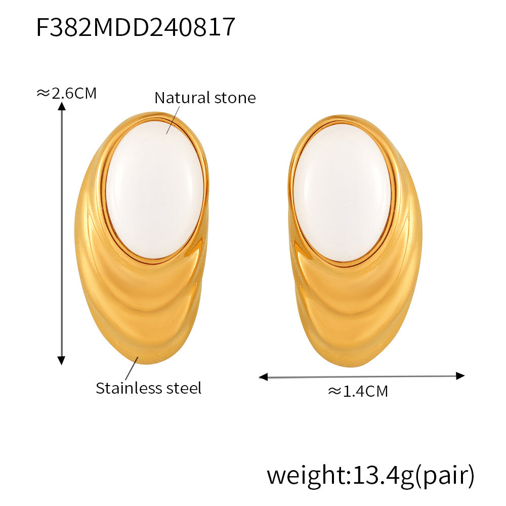B廠-法式復古橢圓水波紋鑲嵌白天然石耳釘簡約氣質不鏽鋼pvd電鍍耳飾「F382」24.08-4