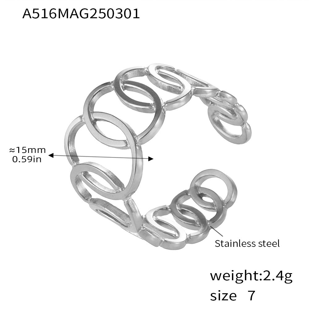 B廠-環環相扣戒指ins冷淡風小眾鏤空圓環交錯不鏽鋼鍍金食指戒「A516」25.03-1