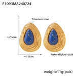B廠-歐美風復古藍金石耳釘鈦鋼鍍18k金小眾氣質設計水滴狀簡約耳飾女「F1093」24.08-1