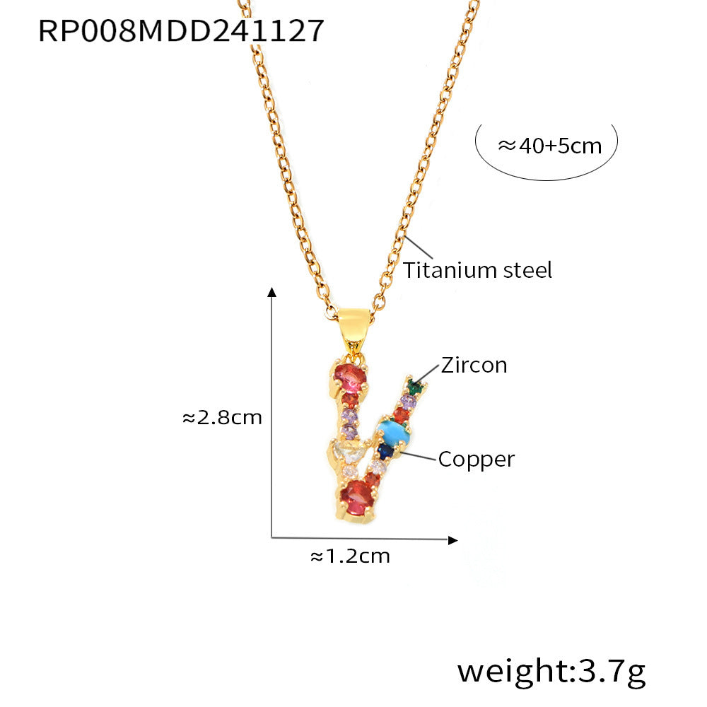 B廠-歐美跨境銅微鑲彩色鋯石26個英文字母個性吊墜小眾嘻哈鎖骨鏈現貨「RP008」24.12-2