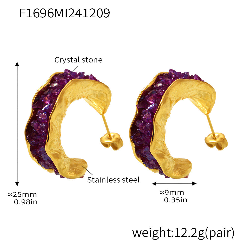 B廠-不鏽鋼水晶石C型耳環歐美INS風亮晶晶奢華氣質PVD鍍金耳飾「F1696」24.12-2