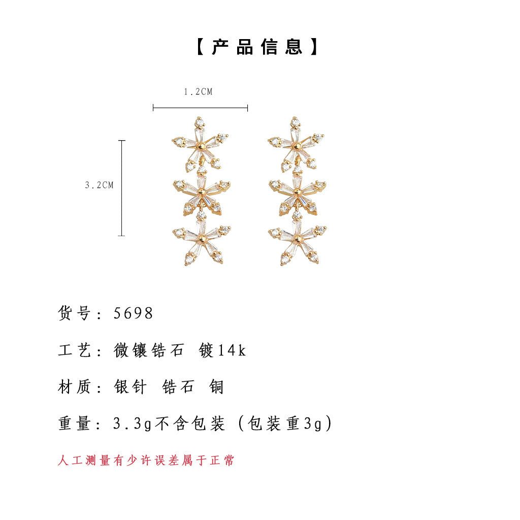 A廠-實物很閃很亮~微鑲鋯石高級感輕奢甜美長款花朵名媛耳飾工廠耳環「5698」25.03-2