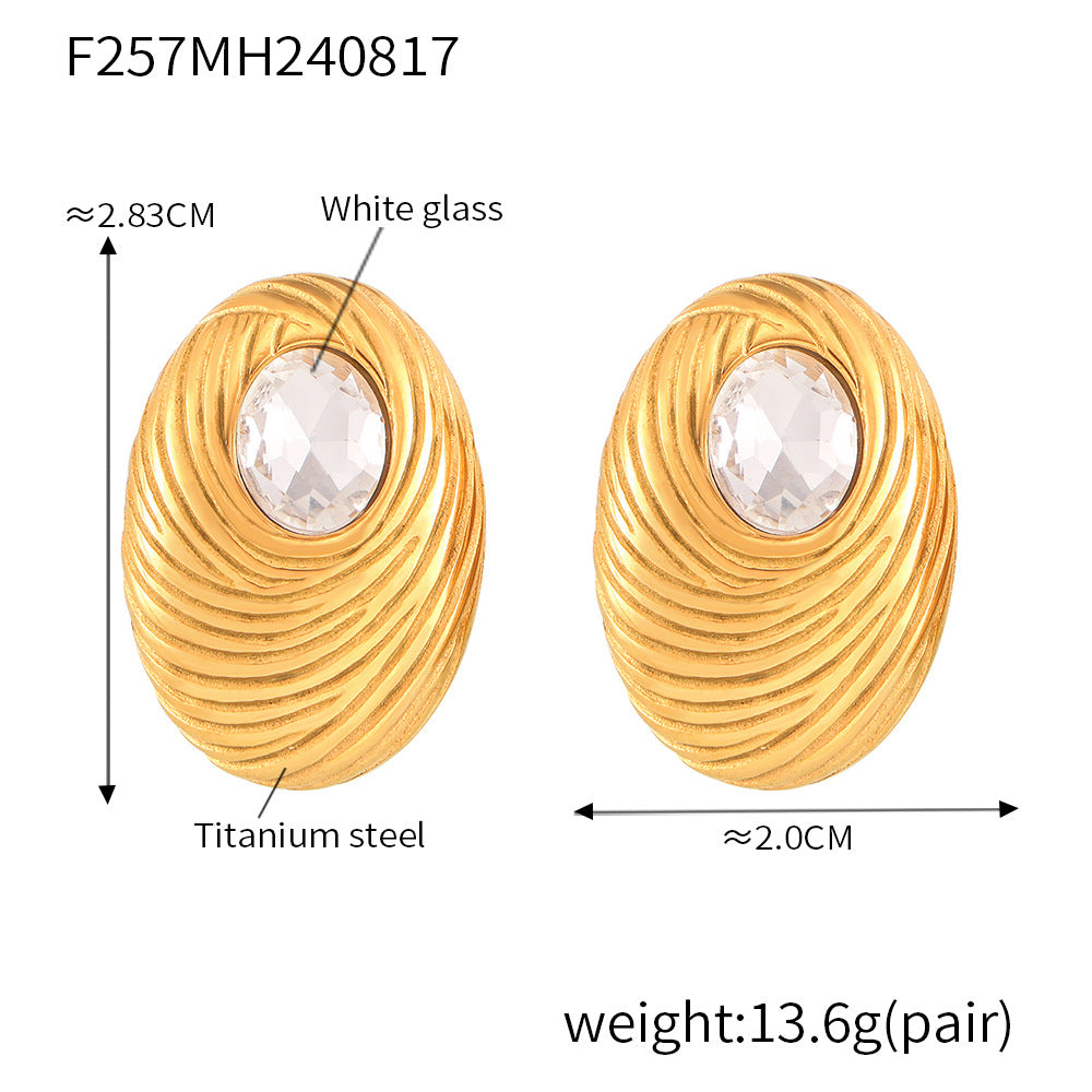 B廠-歐美時尚跨境橢圓白玻璃石鳥窩指紋耳釘鈦鋼18K「F257」24.08-4