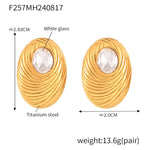 B廠-歐美時尚跨境橢圓白玻璃石鳥窩指紋耳釘鈦鋼18K「F257」24.08-4