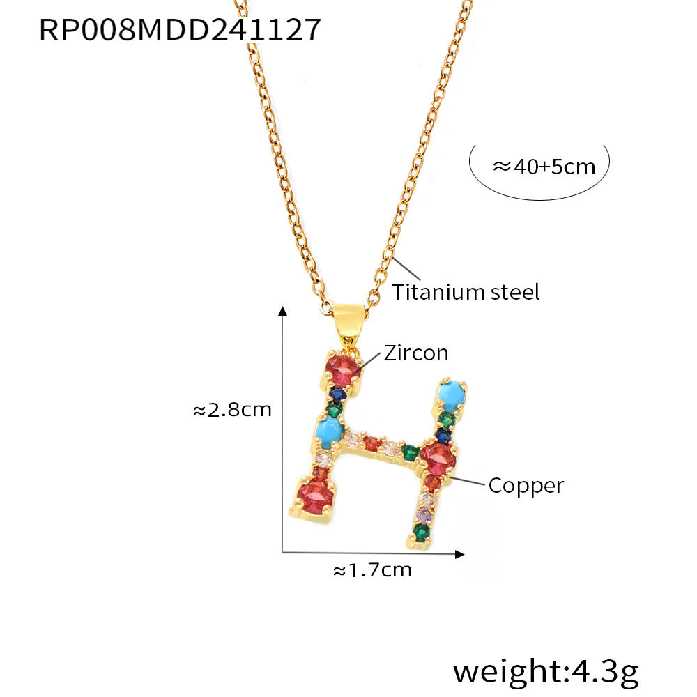 B廠-歐美跨境銅微鑲彩色鋯石26個英文字母個性吊墜小眾嘻哈鎖骨鏈現貨「RP008」24.12-2