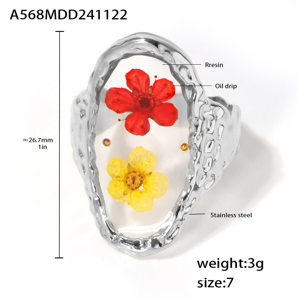 B廠-不鏽鋼琺瑯彩釉樹脂乾花開口戒指宮廷風文藝指環跨境專供女「A568」24.11-5