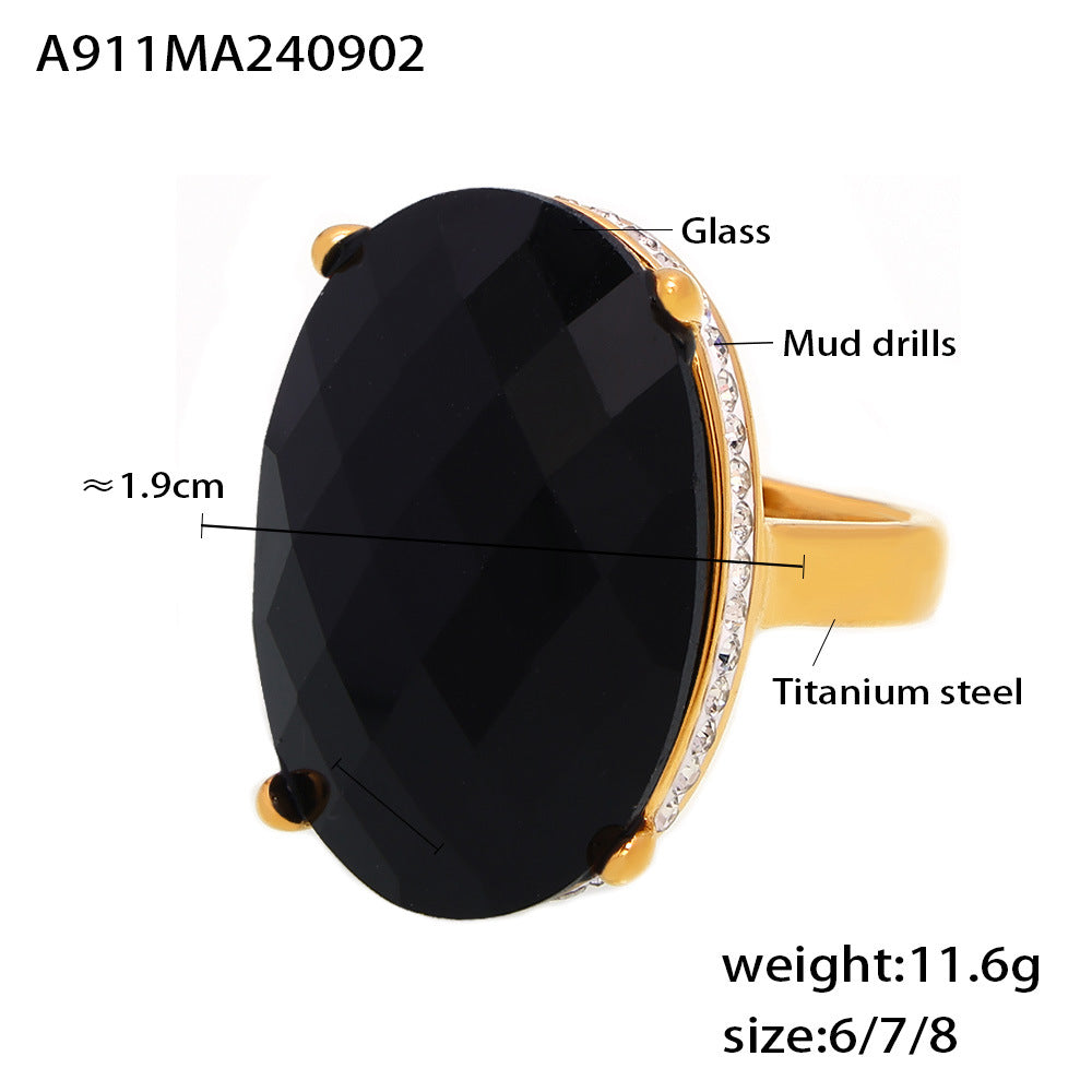 B廠-跨境歐美橢圓粘鑽大玻璃戒指鈦鋼鍍18K真金指環復古輕奢感手飾品「A911」24.09-1