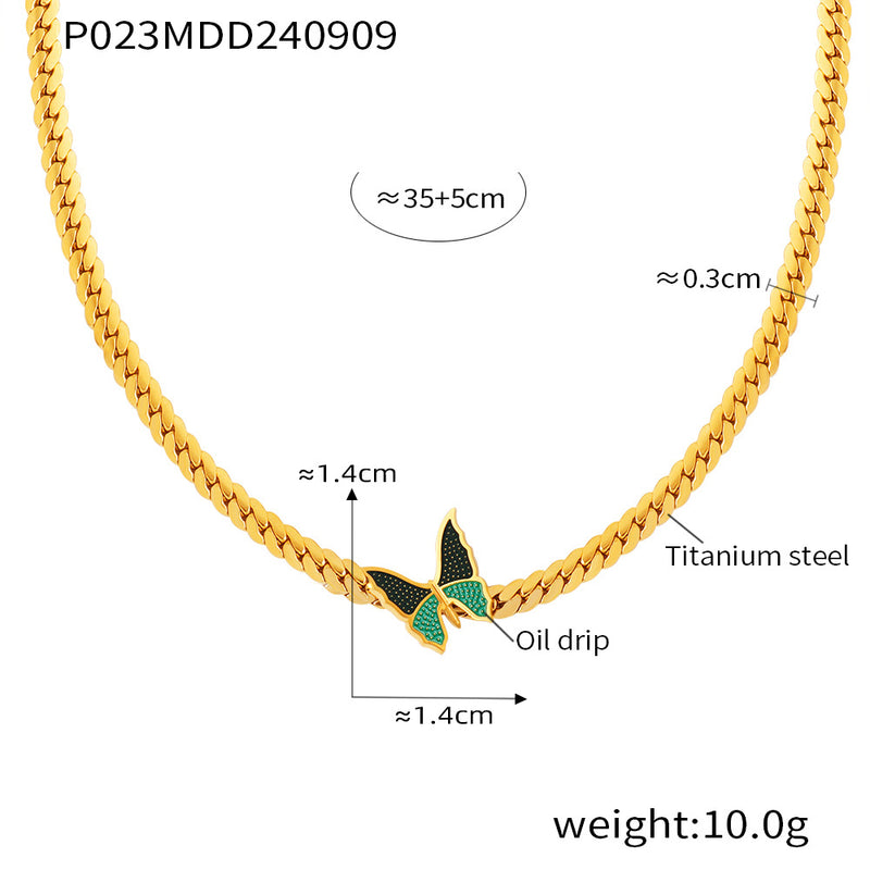 B廠-復古滴油綠蝴蝶頸鏈鈦鋼古巴項鍊女創意氣質choker不掉色飾品批發「P023」24.09-2