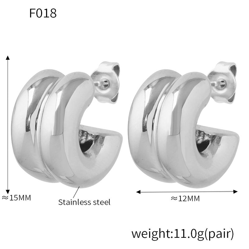 B廠-歐美INS風雙層C形鑲鑽耳釘小眾通勤耳飾不鏽鋼電鍍18K真金「F018」24.12-4