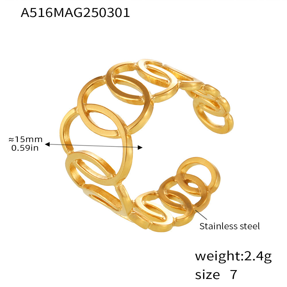 B廠-環環相扣戒指ins冷淡風小眾鏤空圓環交錯不鏽鋼鍍金食指戒「A516」25.03-1