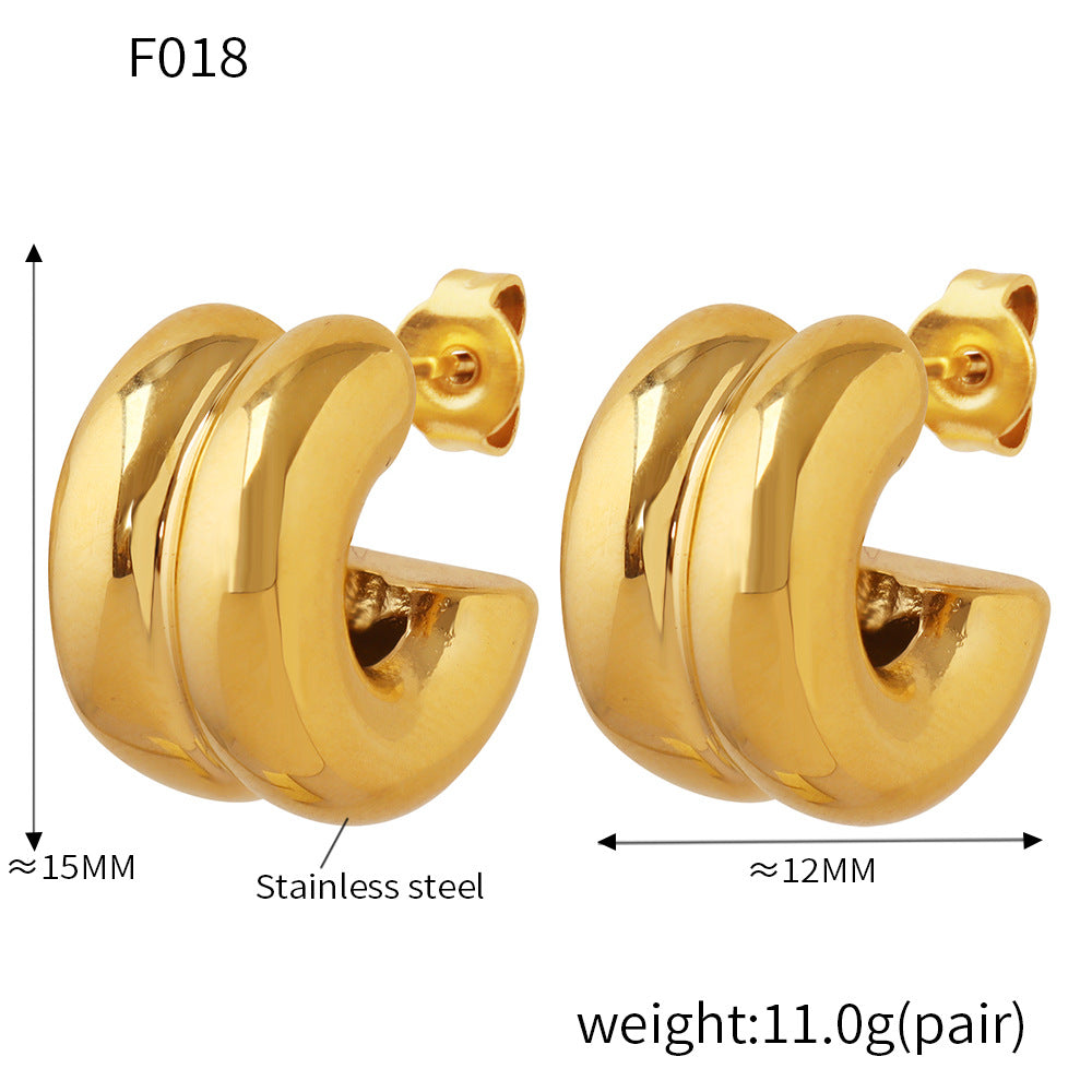 B廠-歐美INS風雙層C形鑲鑽耳釘小眾通勤耳飾不鏽鋼電鍍18K真金「F018」24.12-4