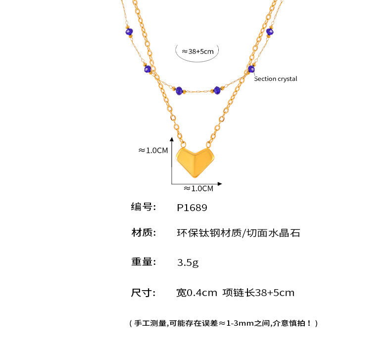 B廠-歐美跨境飾品設計感愛心吊墜雙層鈦鋼頸鏈辣妹簡約幾何水晶項鍊女「P1689」24.04-4