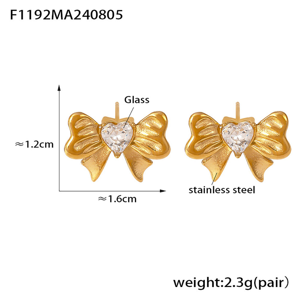 B廠-甜美小眾褶皺鋯石蝴蝶結耳環不鏽鋼PVD電鍍18K真金耳飾組合「F1192」25.01-1