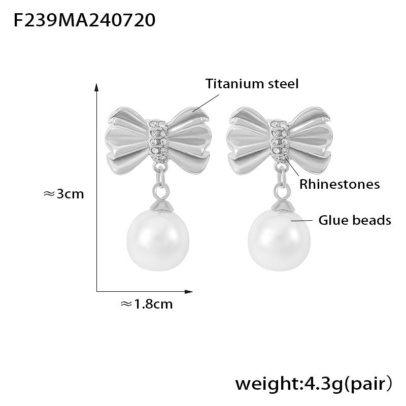 B廠-歐美ins風褶皺蝴蝶結鑲鑽流蘇仿珍珠耳環女鈦鋼鍍18k金百搭耳飾「F239」24.07-4