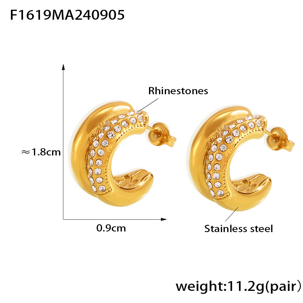 B廠-歐美INS風雙層C形鑲鑽耳釘小眾通勤耳飾不鏽鋼電鍍18K真金「F018」24.12-4