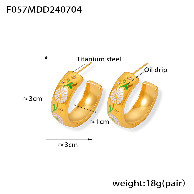 B廠-歐美chic風花卉小雛菊C型耳飾彩繪滴油耳環小眾輕奢鈦鋼鍍金保色「F057」24.07-2