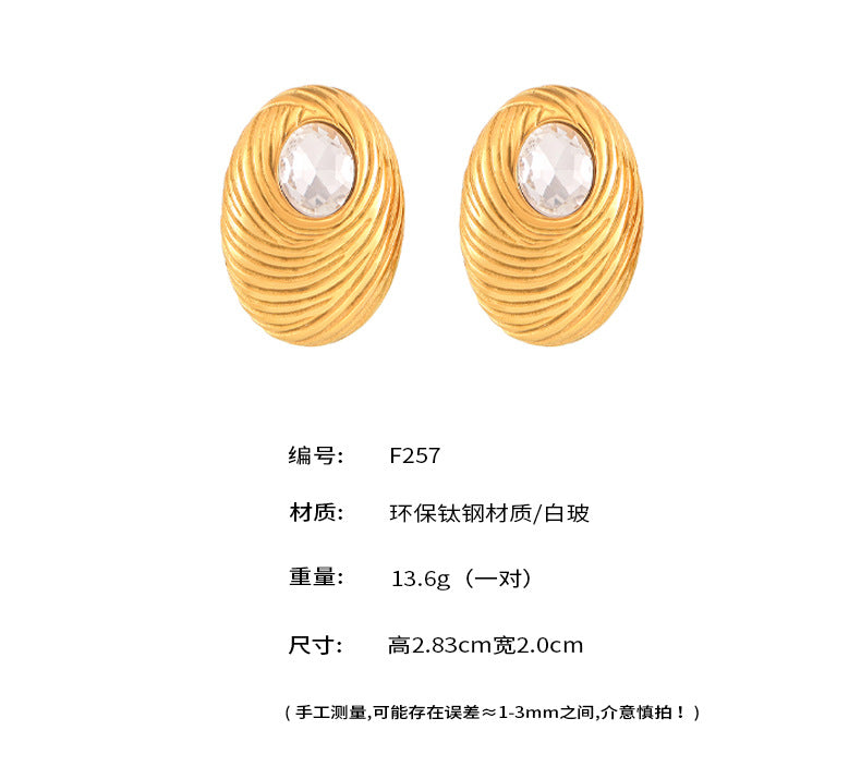 B廠-歐美時尚跨境橢圓白玻璃石鳥窩指紋耳釘鈦鋼18K「F257」24.08-4