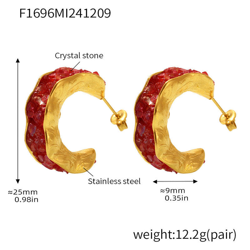 B廠-不鏽鋼水晶石C型耳環歐美INS風亮晶晶奢華氣質PVD鍍金耳飾「F1696」24.12-2