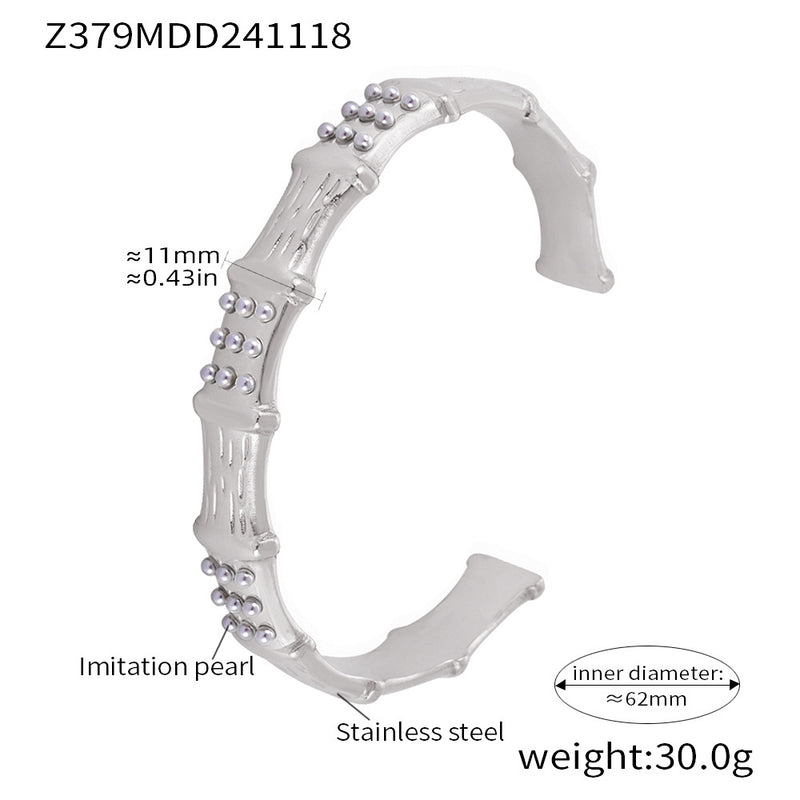 B廠-歐美竹節鑲嵌貝珠創意氣質手鐲輕奢開口不鏽鋼鍍18k金鐲子「Z379」24.11-4