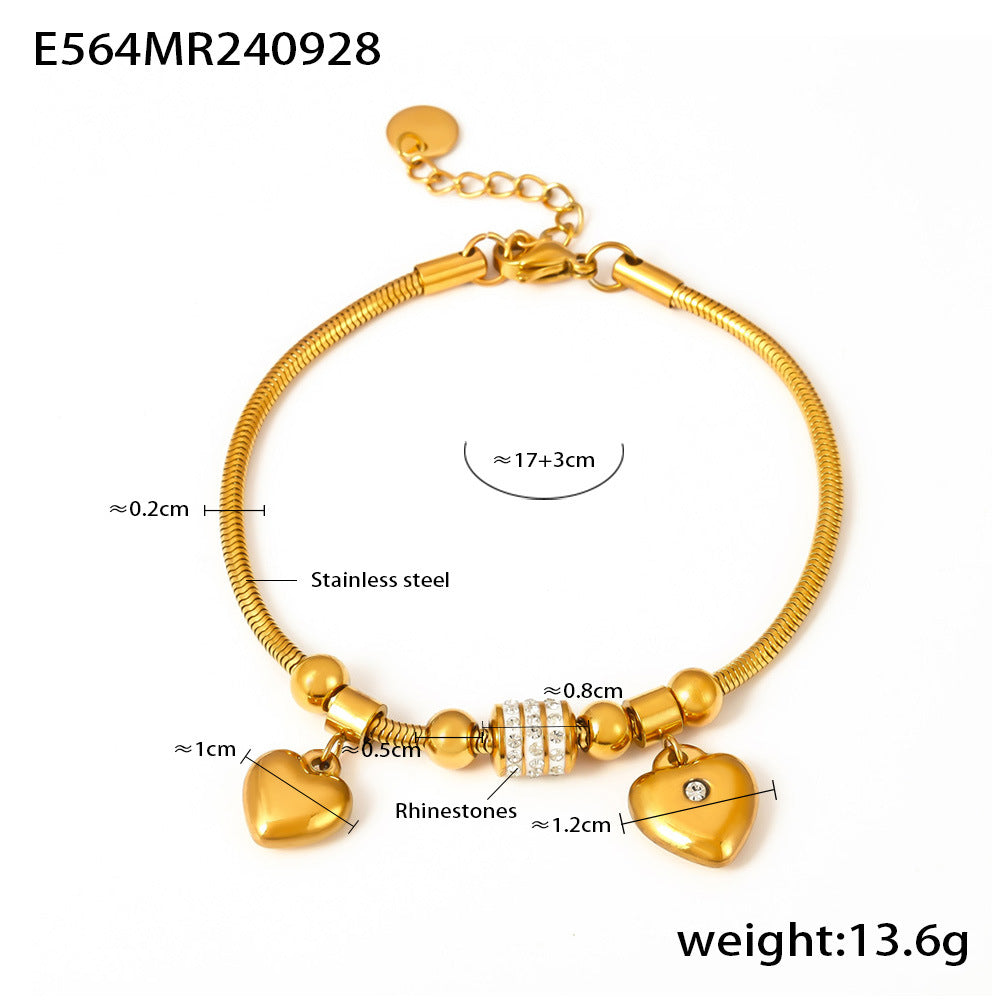 B廠-歐美跨境飾品 雙桃心粘捷克水鑽多配件軟蛇手鍊小眾ins不鏽鋼飾品「E564」24.10-2