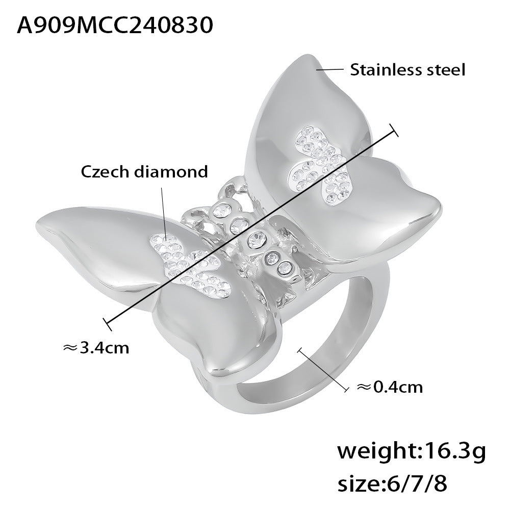 B廠-歐美跨境粘鑽蝴蝶花戒指時髦氣質不鏽鋼新款熱銷飾品保色ring批發「A909」24.09-1