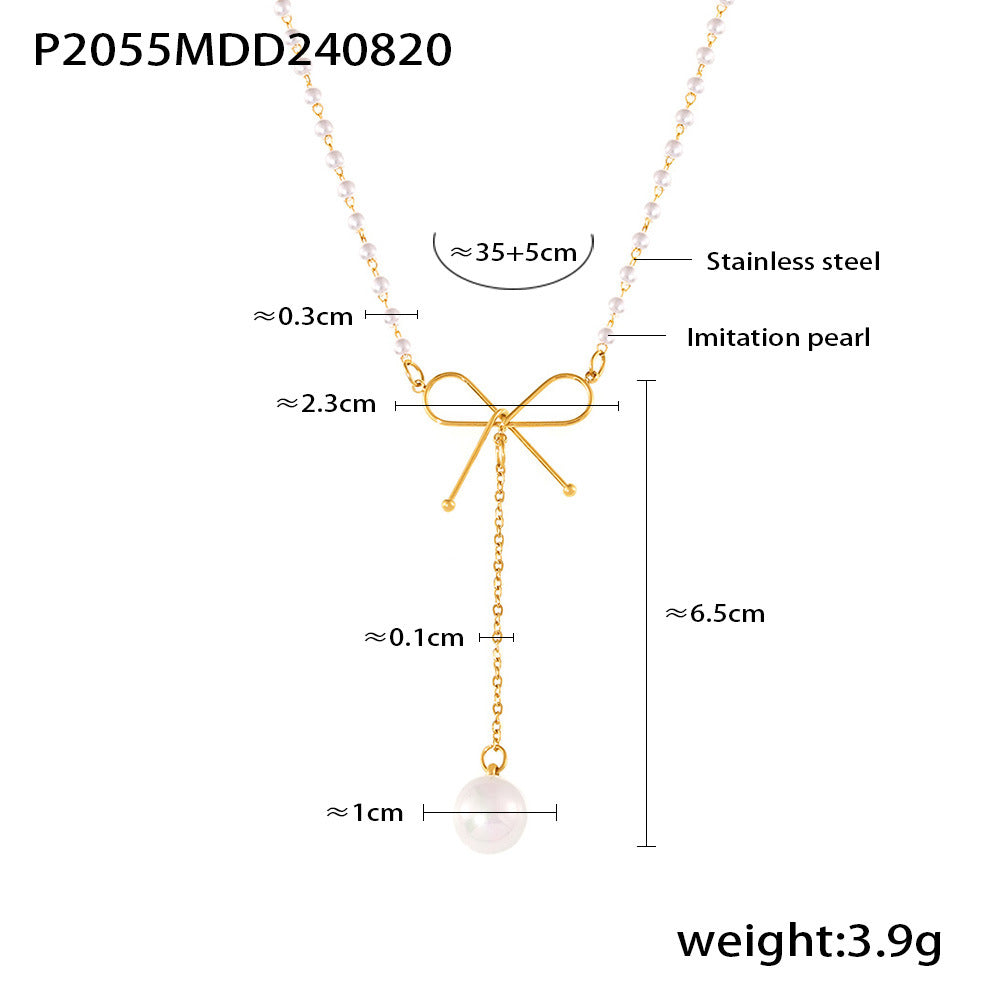 B廠-清新仙女choker蝴蝶結仿珍珠項鍊ins冷淡風氣質簡約不鏽鋼鎖骨鏈「P2055」24.08-4