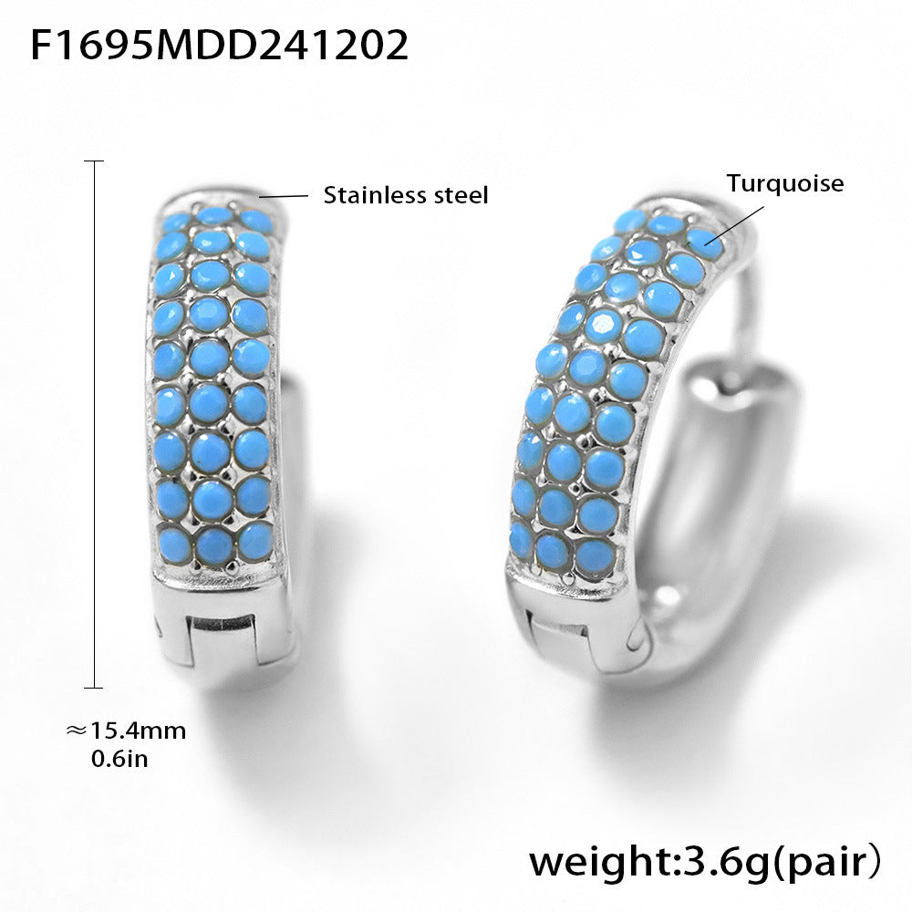 B廠-不鏽鋼藍松石鋯石圓圈卡扣耳環手工鑲嵌ins風高質量耳飾女「F1695」24.12-1