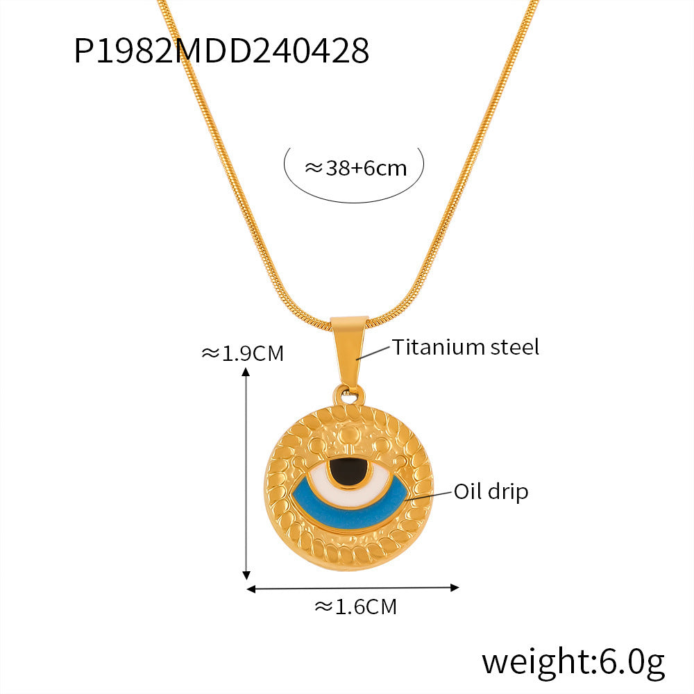 B廠-歐美時尚個性復古滴油眼睛鈦鋼項鍊女圓形設計惡魔之眼吊墜鎖骨鏈「P1982」24.05-1