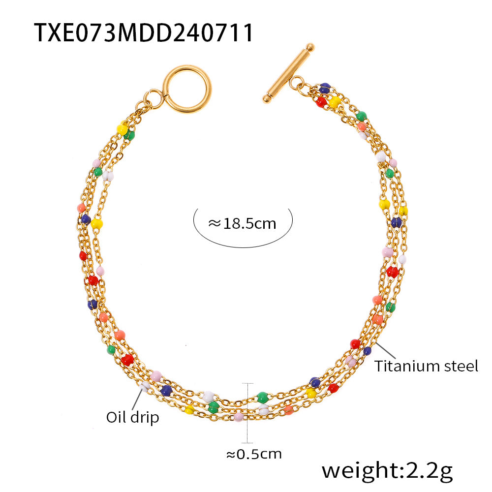 B廠-跨境新款多彩滴油圓珠金色多層手鍊項鍊套裝鈦鋼鍍金民族風情飾品「TXP073-TXE073」24.07-3