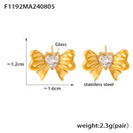 B廠-跨境新款愛心褶皺蝴蝶結微鑲鑽玻璃石耳釘簡約氣質不鏽鋼鍍金耳飾「F1191-F1192-F1193」24.08-2