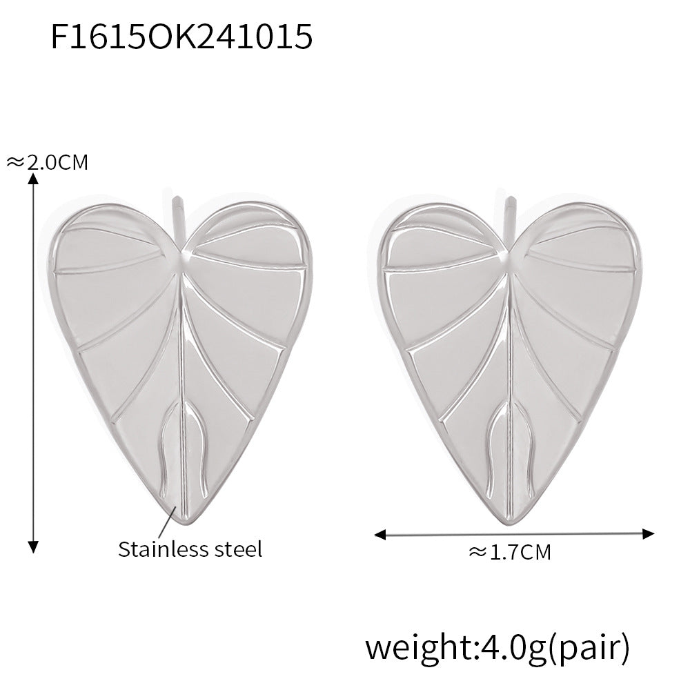 B廠-歐美ins風愛心樹葉紋路耳釘耳環不鏽鋼PVD電鍍簡約耳飾批發「F1615」24.10-3
