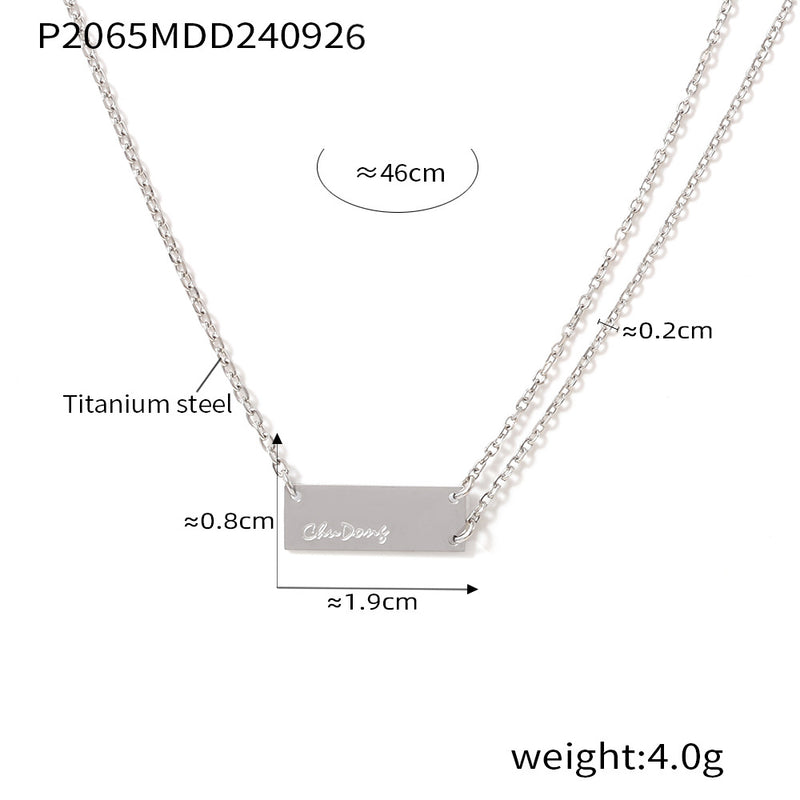 B廠-跨境飾品簡約幾何長方形雕刻字母吊墜項鍊鈦鋼小眾冷淡風男女同款「P2065」24.10-1