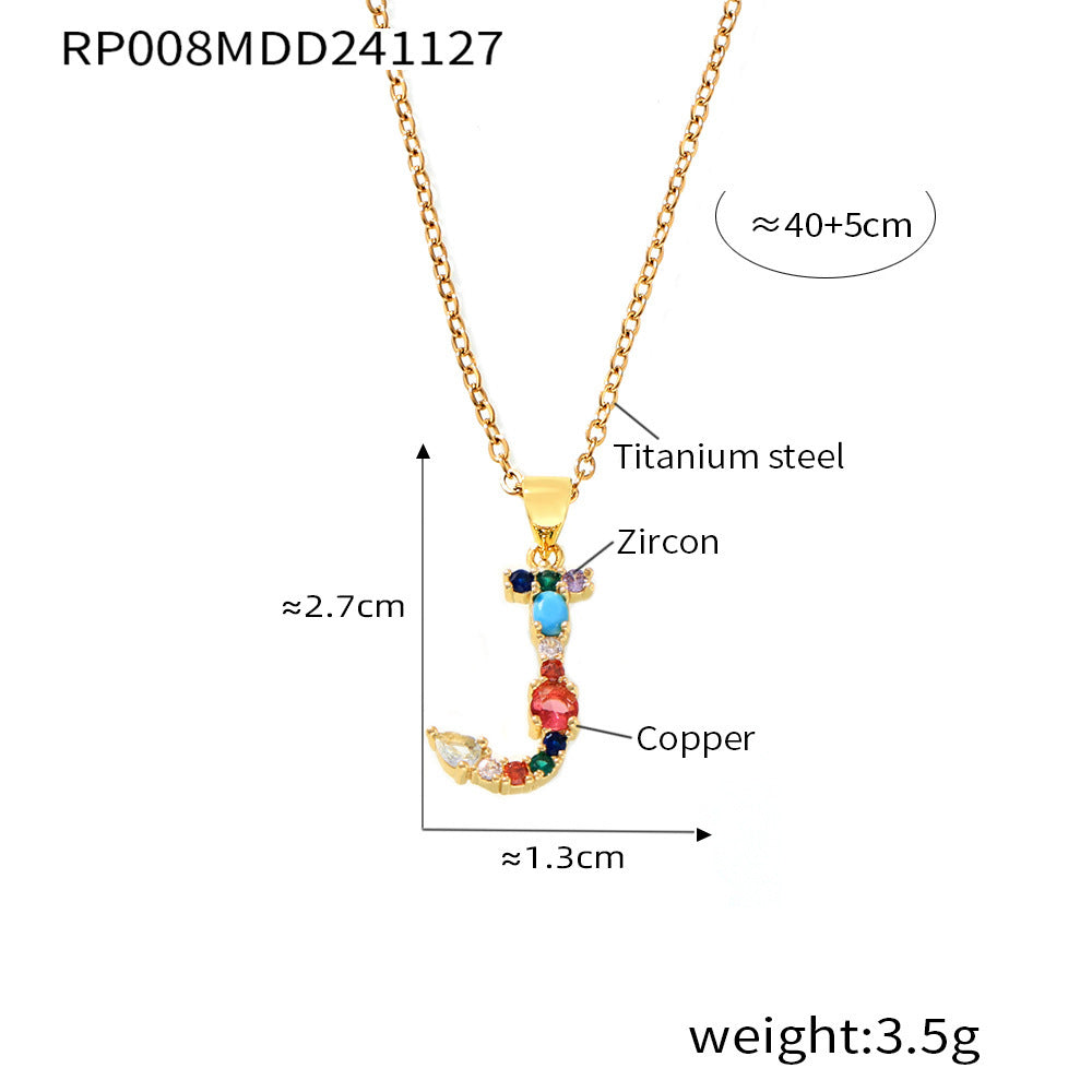 B廠-歐美跨境銅微鑲彩色鋯石26個英文字母個性吊墜小眾嘻哈鎖骨鏈現貨「RP008」24.12-2