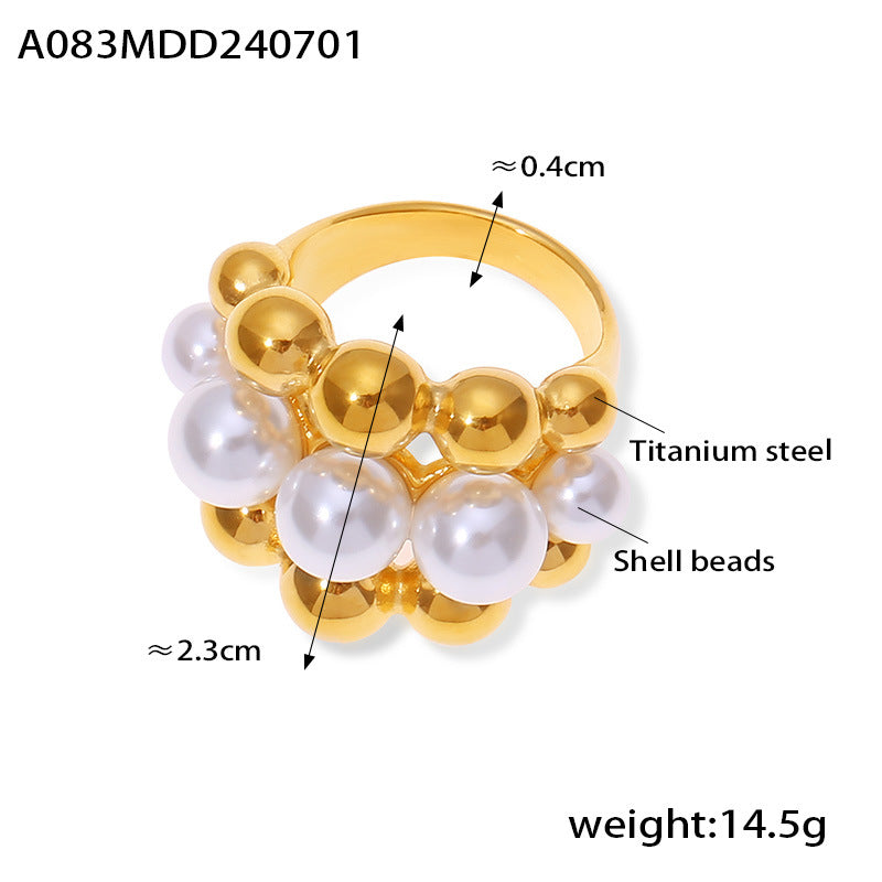 B廠-歐美復古多層拼接鑲貝珠戒指誇張高級輕奢感百搭氣質飾品鈦鋼鍍金「A083」24.07-1