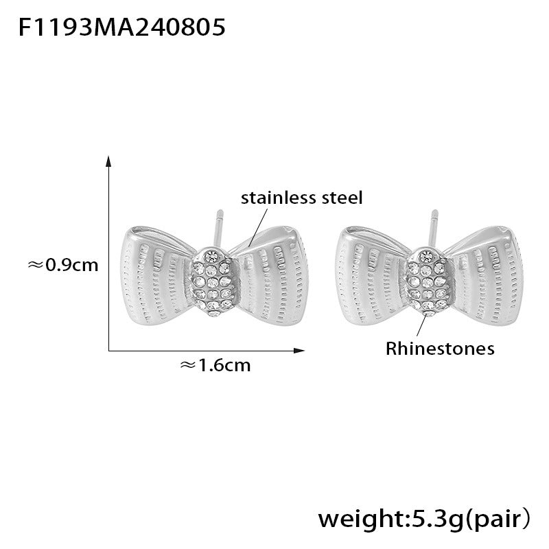 B廠-跨境新款愛心褶皺蝴蝶結微鑲鑽玻璃石耳釘簡約氣質不鏽鋼鍍金耳飾「F1191-F1192-F1193」24.08-2