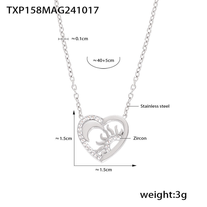 B廠-太陽月亮心形鋯石吊墜質感項鍊手鍊套裝不鏽鋼不褪色飾品女「TXP158-TXE158」24.10-4