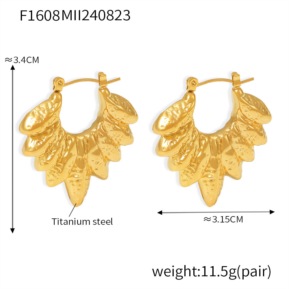 B廠-歐美樹葉造型空心耳環跨境新款鈦鋼18K Gold Plated  PVD氣質耳飾「F1608」24.08-5