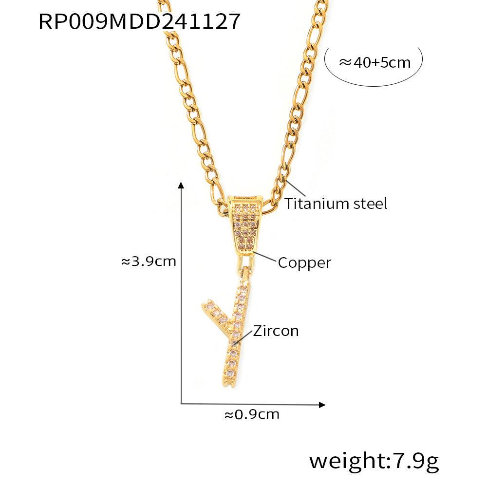 B廠-跨境歐美微鑲鋯石草體26字母吊墜項鍊嘻哈設計鈦鋼鍍金首飾批發潮「RP009」24.12-2