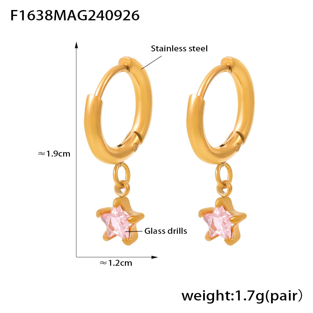 B廠-跨境熱銷多彩玻璃鑽五角星耳墜 鍍18K真金歐美小眾不鏽鋼穿孔耳環「F1638」24.10-1
