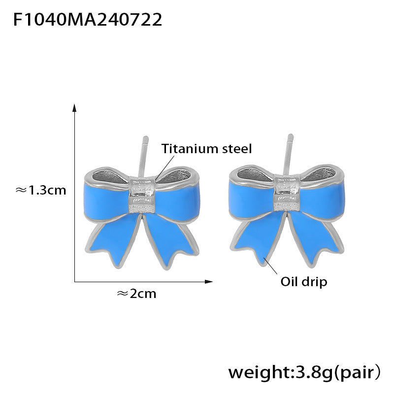 B廠-歐美風新款蝴蝶結滴油耳釘小眾甜美設計鈦鋼鍍18k金小香風耳飾女「F1040」24.07-4