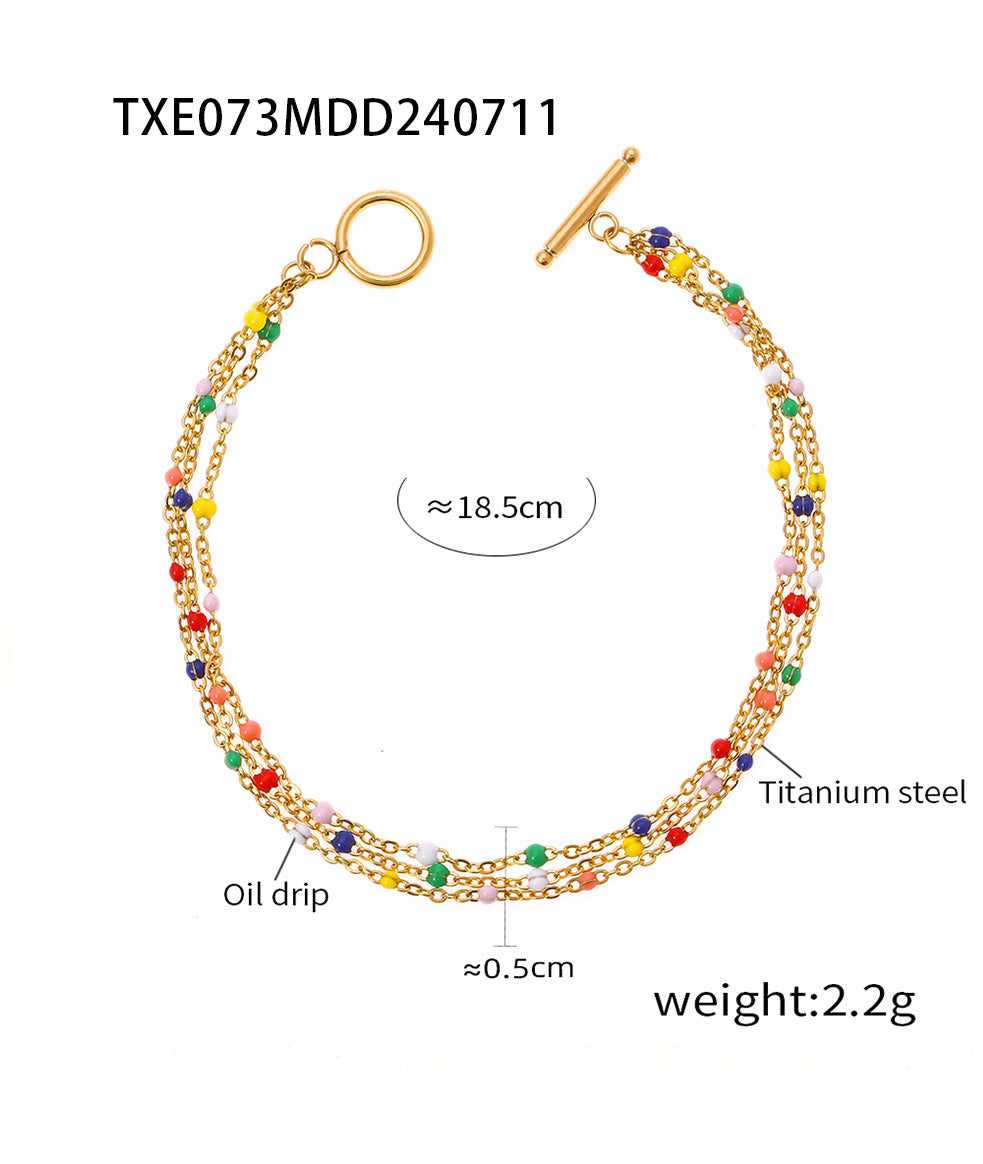 B廠-跨境新款多彩滴油圓珠金色多層手鍊項鍊套裝鈦鋼鍍金民族風情飾品「TXP073-TXE073」24.07-3