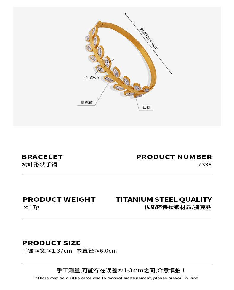 B廠-跨境新款時尚百搭小清新輕奢鈦鋼鍍金鑲鑽樹葉形狀手鐲飾品簡約女「Z338」24.01-1 - 安蘋飾品批發