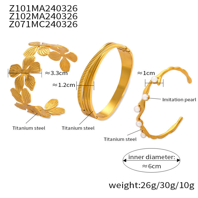 B廠-歐美跨境小眾輕奢貝珠飾品批發鈦鋼鍍金手鐲田園風花朵開口手環女「Z101-Z102-Z071」24.04-1
