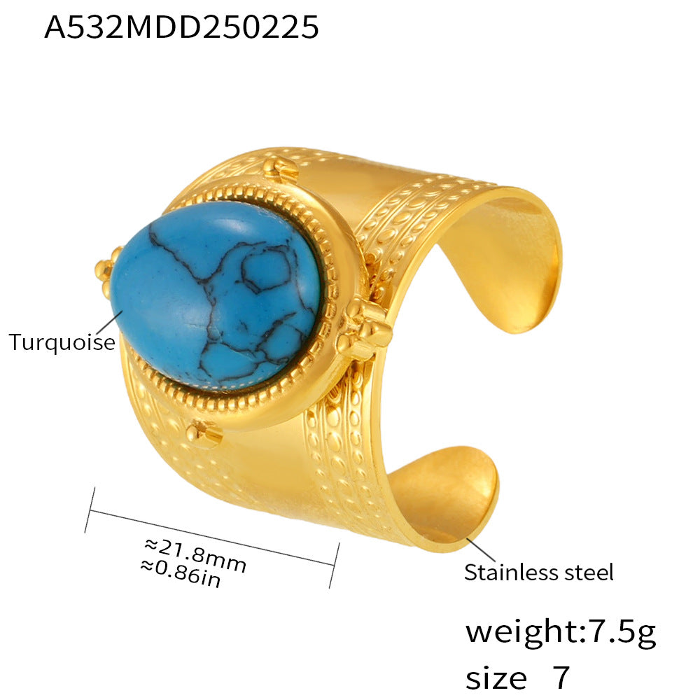 B廠-英倫風紋理藍松石戒指不鏽鋼電鍍18K真金時尚霸氣開口指環「A532」25.03-1
