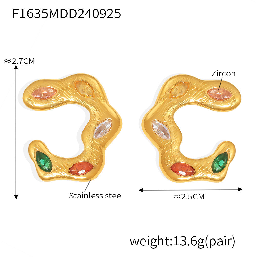 B廠-歐美風多巴胺鋯石不規則C形耳釘 輕奢質感不鏽鋼鍍18k金時髦耳飾「F1635」24.10-1
