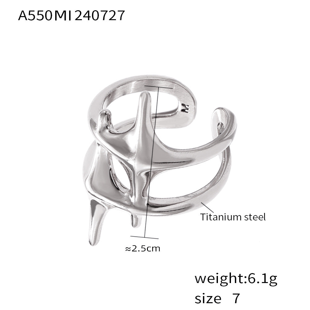 B廠-跨境歐美十字芒星戒指個性冷淡風鈦鋼鍍18k真金潮流男女款食指戒「A550」24.08-1