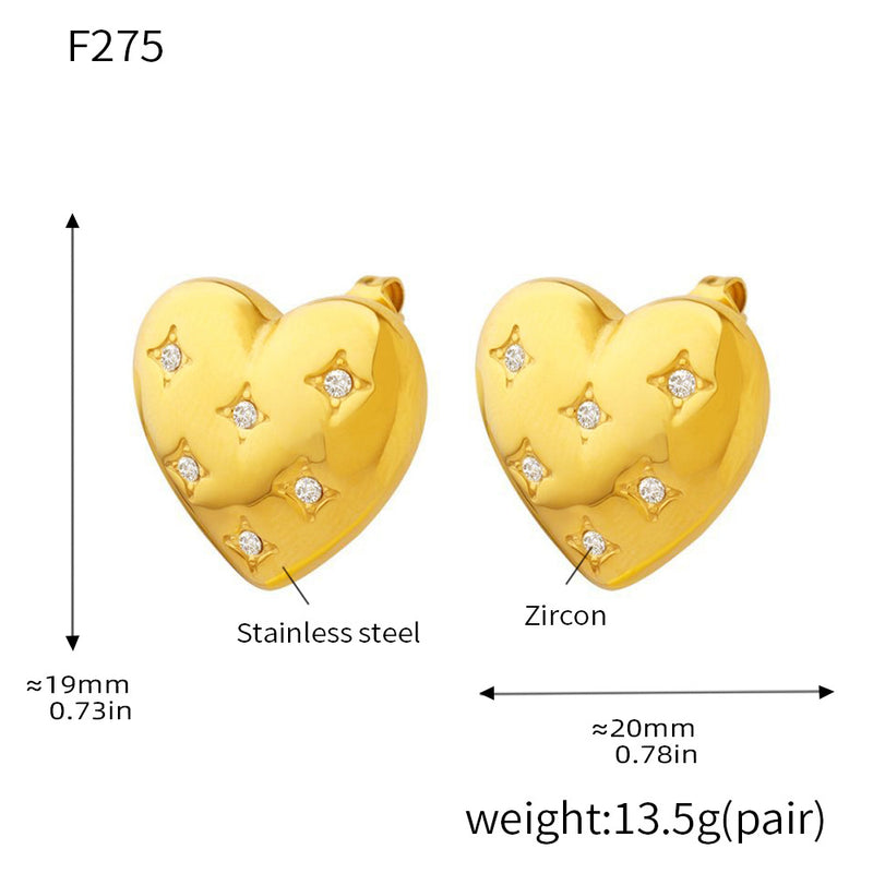 B廠-赫本風鑲鑽桃心耳環耳釘時尚簡約不鏽鋼電鍍18K金愛心耳飾「F030」24.12-4