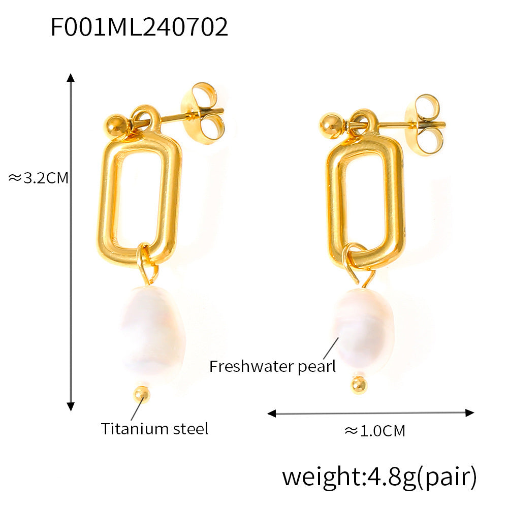 B廠-歐美跨境復古簡約設計淡水珍珠流蘇方形耳環鈦鋼鍍18k金飾品批發「F001」24.10-1
