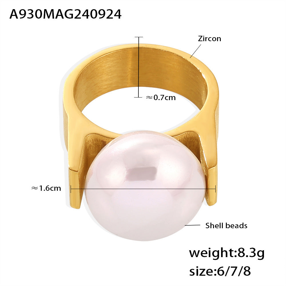 B廠-歐美跨境飾品 輕奢感大貝珠戒指個性氣質鈦鋼鍍18K金不掉色手飾「A930」24.10-1